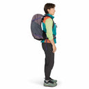 Osprey Hikelite 28 Hiking Backpack worn, side profile, GraphitePurple
