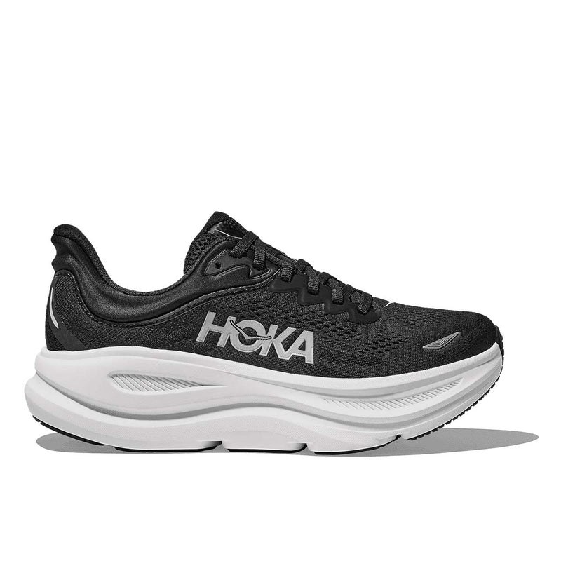 HOKA Men's Bondi 9 road running shoe black white side view