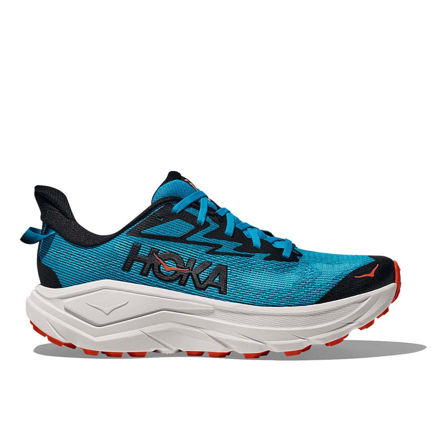 HOKA Men's Challenger 8 trail running shoe skyward blue white side view