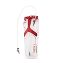 An Osprey Hydraulics LT 2.5L hydration bottle in white and red, featuring a clear drinking tube with a red cap and gray connectors, shown on a plain white background.