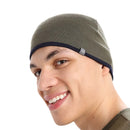 Icebreaker 200 Oasis Reversible Beanie worn, side profile, Dark Loden/Midnight Navy