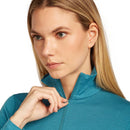 Icebreaker Women's Merino 200 Oasis Half Zip Thermal Top collar zip detail, Topaz