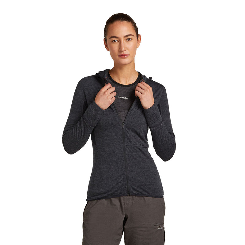Icebreaker Women's Merino 200 Realfleece Descender Hoodie front view, Jet Heather
