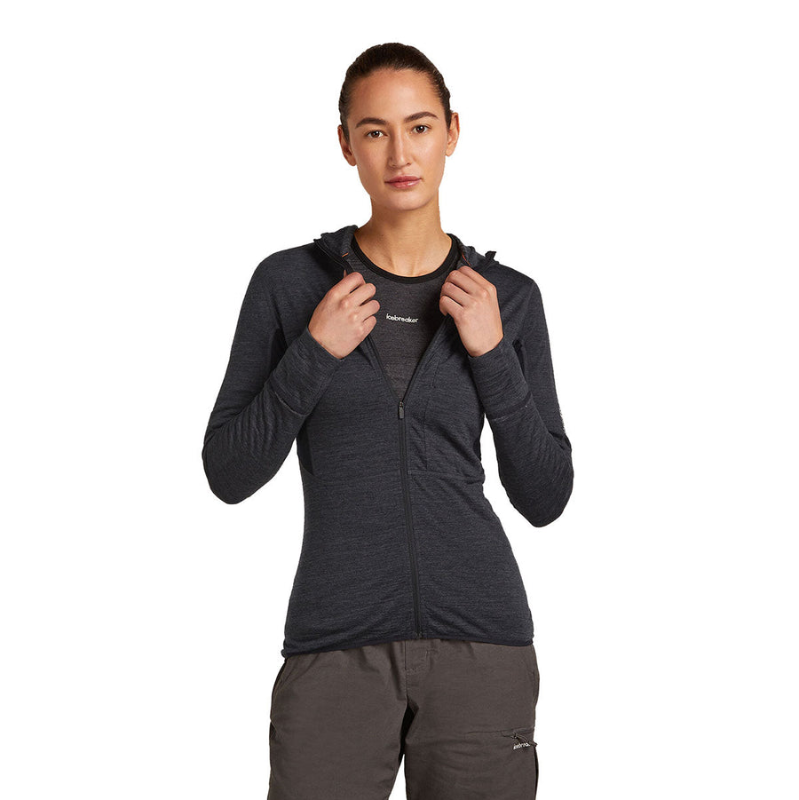 Icebreaker Women's Merino 200 Realfleece Descender Hoodie front view, Jet Heather

