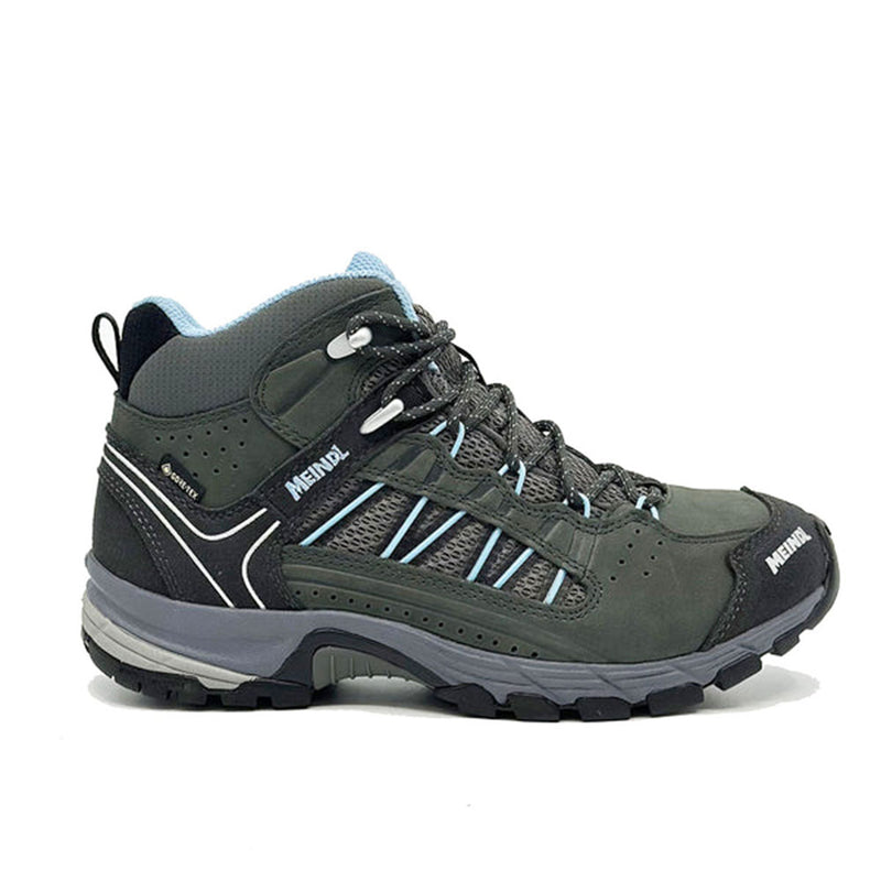 Gray Meindl Journey Mid Lady hiking boot with brand logo on a white background