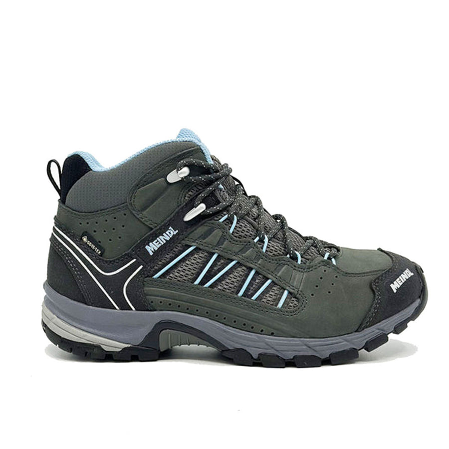 Gray Meindl Journey Mid Lady hiking boot with brand logo on a white background