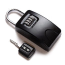 The Bulldog Key Lock Box, a black combination padlock with a visible four-digit code dial, is shown next to a car key and key fob on a white background.