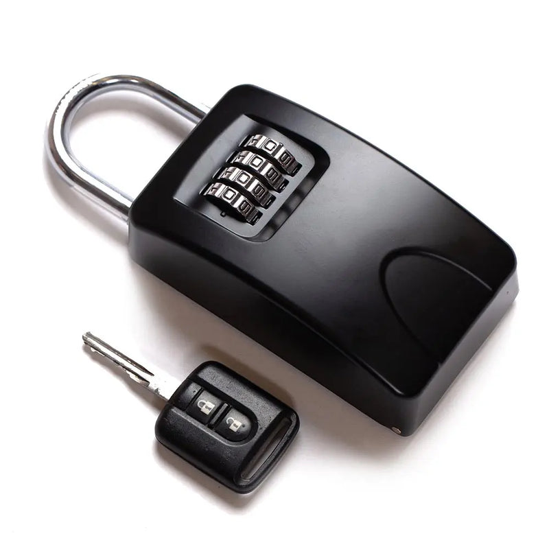 The Bulldog Key Lock Box, a black combination padlock with a visible four-digit code dial, is shown next to a car key and key fob on a white background.