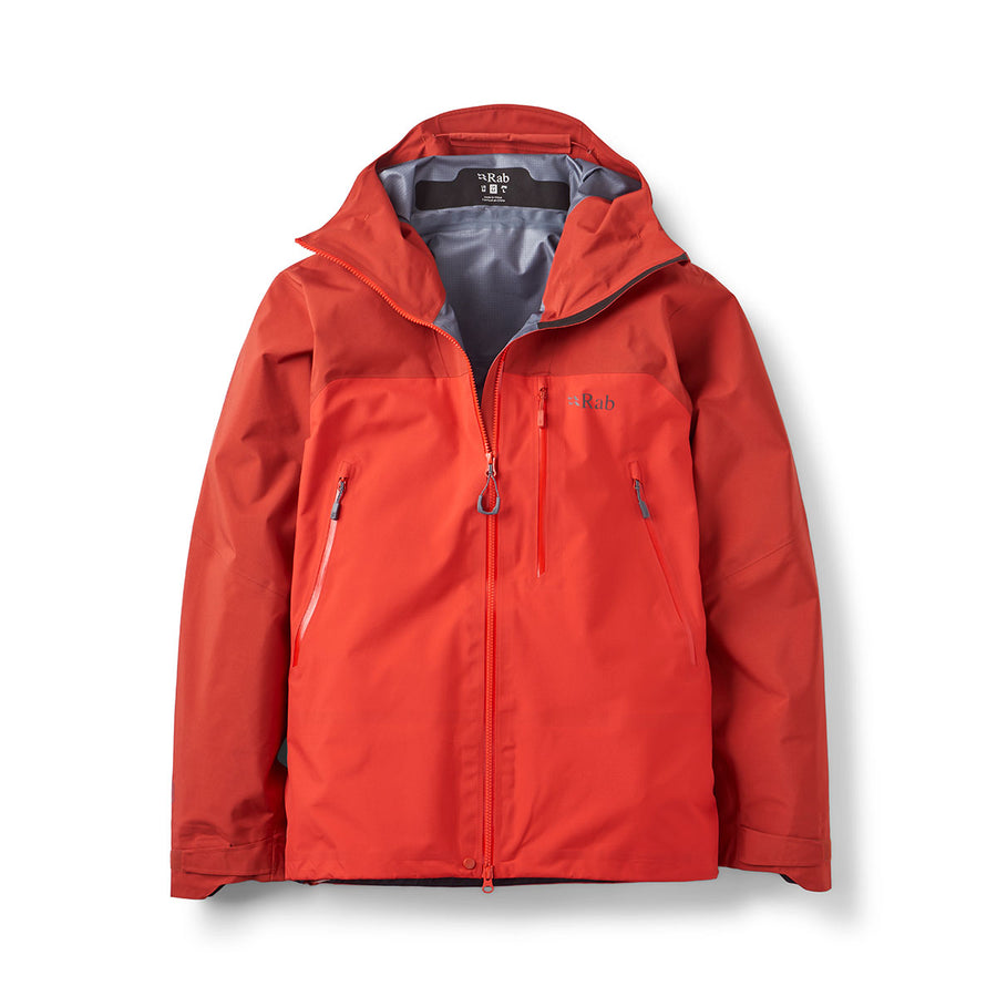 The Mens Latok Mountain GORE-TEX Pro Jacket by Rab is a vibrant red alpine jacket featuring a front zipper, two zippered side pockets, and a hood. Its interior is gray, with Rab branding displayed on the chest and neck tag. The jacket is shown laid flat against a white background.