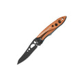 The Leatherman Skeletool® KB Knife is a folding everyday carry knife with a 420HC stainless steel black blade, orange handle, signature branding, and handle cutouts for a streamlined, stylish design and comfortable grip.