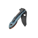 The Leatherman Skeletool® KB Knife features a blue handle, black 420HC stainless steel blade, and pocket clip—shown partially open against a white background—making it an ideal everyday carry knife.
