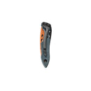 A closed Leatherman Skeletool® KB Knife with a metal clip and a brown and black handle, featuring a 420HC stainless steel blade, is shown isolated on a white background.