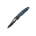 A Leatherman Skeletool® KB Knife in blue, featuring a partially serrated 420HC stainless steel blade and distinctive handle and blade holes, displayed on a white background.