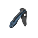 A Leatherman Skeletool® KB Knife with a blue handle, metal clip, and black 420HC stainless steel blade with thumb hole is partially open and displayed on a white background.