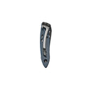 The Leatherman Skeletool® KB Knife is a closed blue folding pocket knife with a 420HC stainless steel blade, metal pocket clip, and cutout design, shown on a white background—ideal for everyday carry.