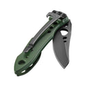 The Leatherman Skeletool® KB Knife features a green handle, 420HC stainless steel blade, and black pocket clip—ideal for everyday carry. Shown partially open against a white background.
