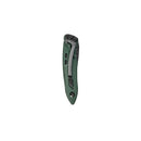 A closed Leatherman Skeletool® KB Knife with a green handle and black clip, featuring a 420HC stainless steel blade, is shown on a white background—ideal for everyday carry.