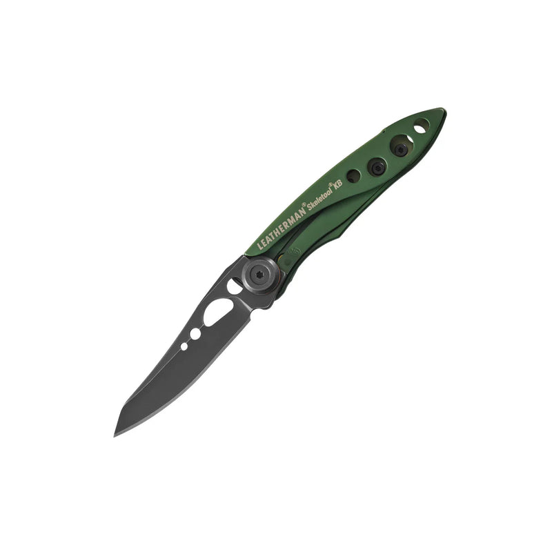 The Leatherman Skeletool® KB Knife, shown open on a white background, features a green handle, black accents, and a partially serrated 420HC stainless steel blade.