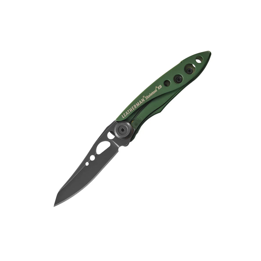 The Leatherman Skeletool® KB Knife, shown open on a white background, features a green handle, black accents, and a partially serrated 420HC stainless steel blade.