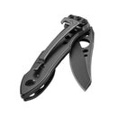 A partially opened Leatherman Skeletool® KB Knife with a 420HC stainless steel blade, pocket clip, and a handle featuring multiple holes, displayed on a white background.