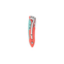 The Leatherman Skeletool® KB Knife is a folding pocket knife with a red and teal handle, 420HC stainless steel blade, and silver clip—ideal for everyday carry. Shown closed against a white background.