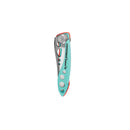 The Leatherman Skeletool® KB Knife features a turquoise and silver handle with circular cutouts, a 420HC stainless steel blade, and LEATHERBACK Sea Turtle on the side—an ideal everyday carry knife shown against a white background.