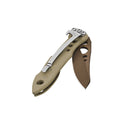 The Leatherman Skeletool® KB Knife is a tan folding pocket knife with a 420HC stainless steel blade, silver clip, and distinctive hole design. It features a brownish finish and is ideal for everyday carry, shown isolated on white.