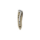 A beige Leatherman Skeletool® KB Knife with a 420HC stainless steel blade and metal clip is shown closed, side view, on a white background—an ideal everyday carry knife.