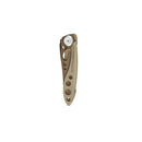 A folded, tan Leatherman Skeletool® KB Knife with a lightweight, skeletonized handle with round cutouts and a visible locking mechanism, featuring a 420HC stainless steel blade, is shown on a white background.
