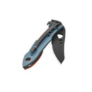 A partially opened Leatherman Skeletool® KBx Knife with a blue and black handle and 420HC stainless steel blade featuring a hole near the base, displayed on a white background.