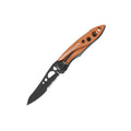 The Leatherman Skeletool® KBx Knife has a partially serrated 420HC stainless steel blade and an orange handle—ideal for everyday carry.