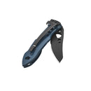 The Leatherman Skeletool® KBx Knife is an everyday carry folder with a 420HC stainless steel black blade, blue handle, cut-out holes on both, and a metal pocket clip.