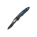 The Leatherman Skeletool® KBx Knife, featuring a blue handle with Leatherman printed on it and a partially serrated 420HC stainless steel black blade, is displayed on a white background.