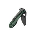 A partially opened Leatherman Skeletool® KBx Knife, featuring a 420HC stainless steel black blade and a green handle with holes and a pocket clip, is displayed against a white background.