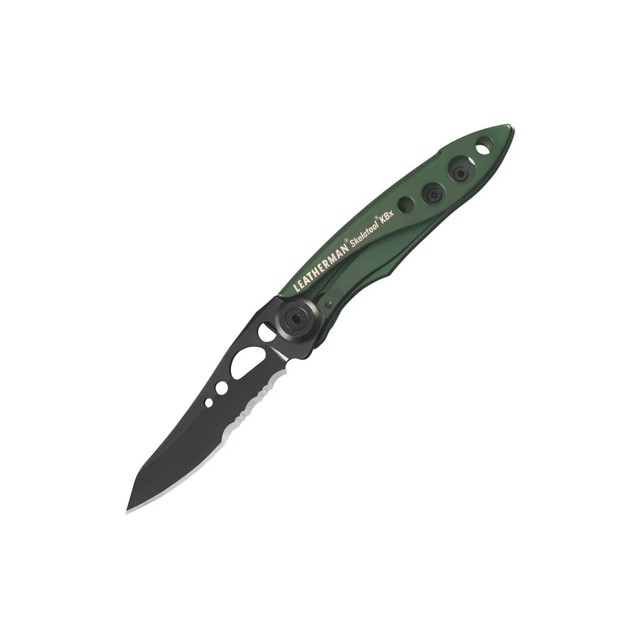 A Leatherman Skeletool® KBx Knife with a green handle and partially serrated 420HC stainless steel blade is shown open on a white background.