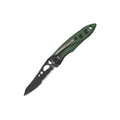 A Leatherman Skeletool® KBx Knife with a green handle and partially serrated 420HC stainless steel blade is shown open on a white background.