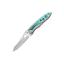 The Leatherman Skeletool® KBx Knife features a partially serrated 420HC stainless steel blade and a turquoise and red handle—ideal for everyday carry. Shown on a white background.