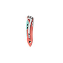 The Leatherman Skeletool® KBx Knife is a closed folding pocket knife with a coral and light blue handle, silver metal clip, and sharp 420HC stainless steel blade—an ideal everyday carry—shown on a plain white background.