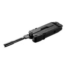 The Leatherman Super Tool® 300M - Molle Black is a versatile black multi-tool with multiple foldable tools, shown here with a long, thin tool extended. Perfect for firearm maintenance and displayed on a white background.