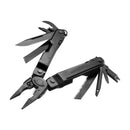 The Leatherman Super Tool® 300M - Molle Black is a black multi-tool with attachments like pliers, knives, a file, screwdrivers, and a handle ruler—ideal for firearm maintenance—shown on a white background.