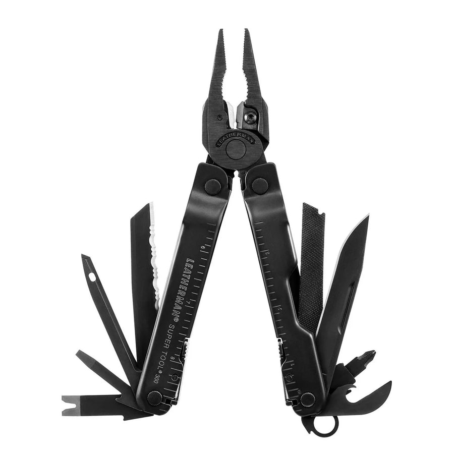 The Leatherman Super Tool® 300M - Molle Black is a versatile multi-tool with pliers, extended knife blades, screwdrivers, file, ruler, bottle opener, and more—perfect for firearm maintenance or military use.