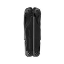 A closed black Leatherman Surge Multitool, branded Leatherman, stands vertically against a plain white background.