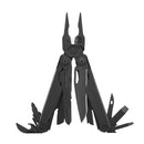 The Leatherman Surge Multitool, a black heavy-duty tool, stands upright with its pliers, blade exchanger, knife, screwdrivers, and other fold-out tools fully extended for display.