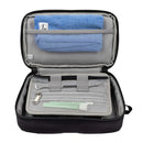 An open zippered carrying case by Leatherman, the Tool Maintenance Kit, displays dental tools like a metal pick, mirror, two toothbrushes, and a blue cloth in mesh pockets—ideal for tool cleaning and maintenance.