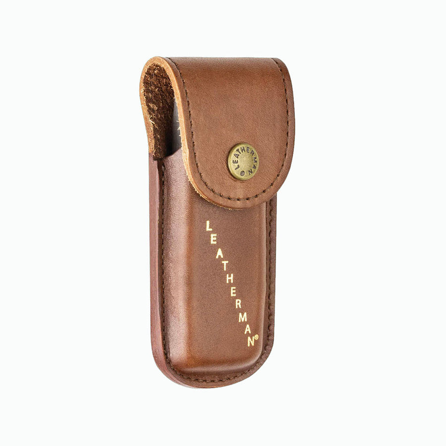 Leatherman's heritage brown leather tool sheath on a white background