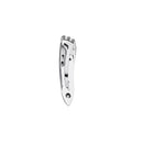 A closed Leatherman Skeletool® KBx Knife with a metal clip is shown on a white background. Its handle cutouts create a lightweight, modern feel, and its 420HC stainless steel blade makes it ideal for everyday carry.