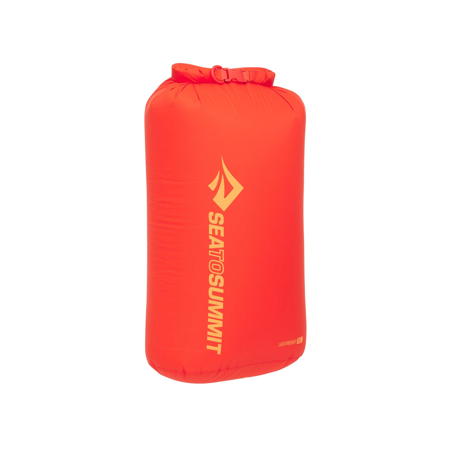 Bright orange Sea to Summit Lightweight Dry Bag made of recycled nylon with a roll-top buckle closure.