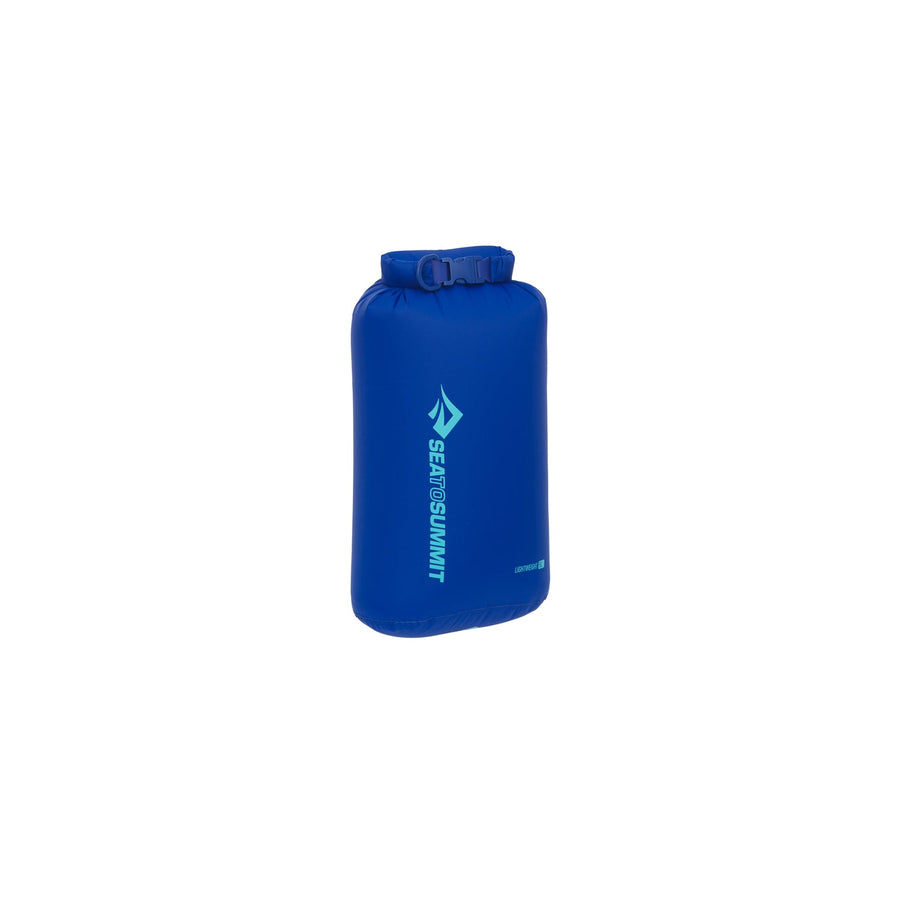 Blue cylindrical Sea to Summit Lightweight Dry Bag with a roll-top buckle closure.
