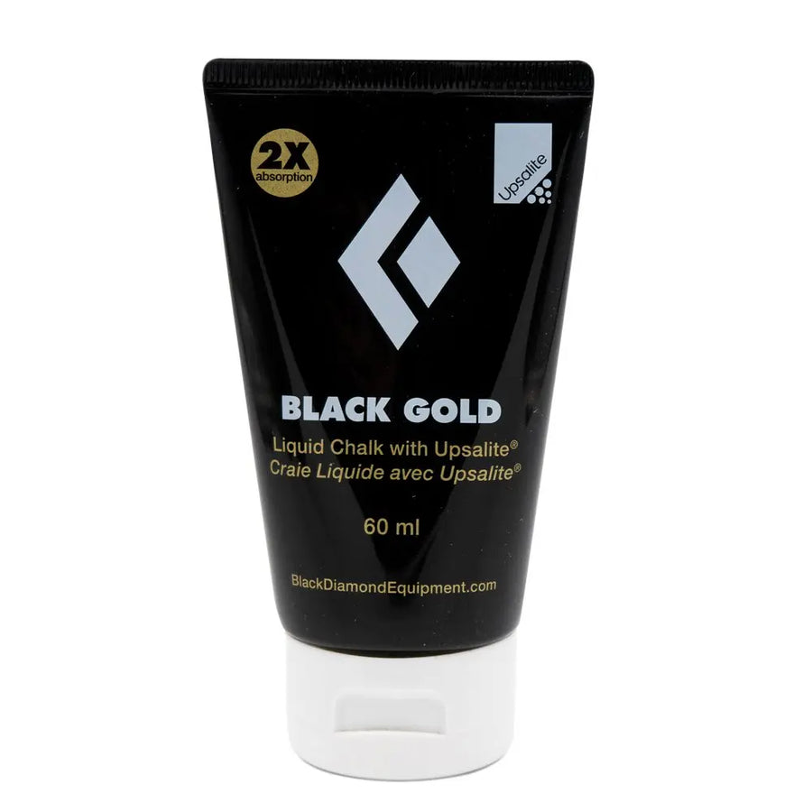 A 60ml tube of Black Gold liquid chalk with the Black Diamond logo and text indicating its grip-enhancing properties.