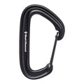 A black Black Diamond Litewire Carabiner with hot-forged construction is shown against a white background, featuring the brand name in white on the side—ideal for trad climbing.